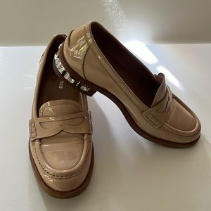Miu Miu Patent Nude Pink Loafers with Embellished Heel